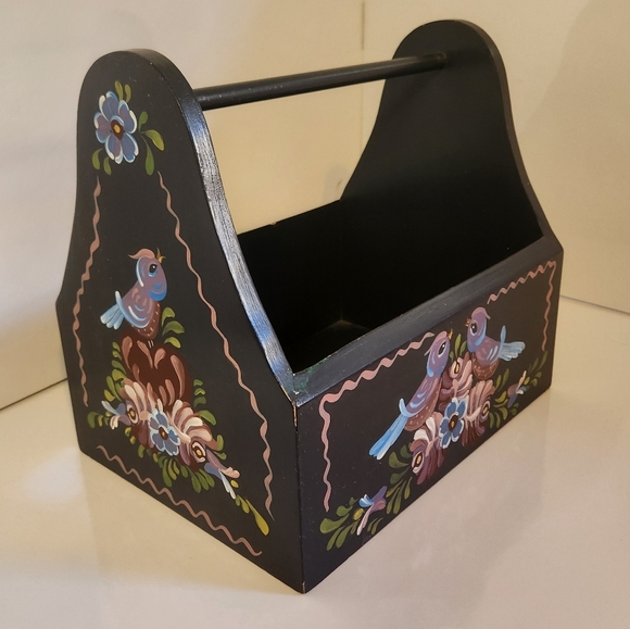 Vintage Other - Vintage Painted Black Birds Wood Caddy Storage Basket Farmhouse Decor Cottage
